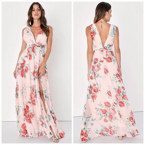 Lulus Garden Meandering Blush Feminine Floral Print Maxi Dress Size Small NEW - Picture 1 of 15